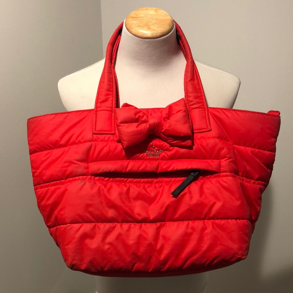 Kate Spade red nylon puffer bow zipper top tote
